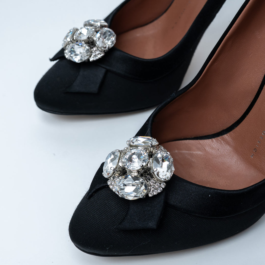 Giuseppe Zanotti Black Fabric and Satin Pumps with Brooch Detail and Tortoise Heel Size 8.5