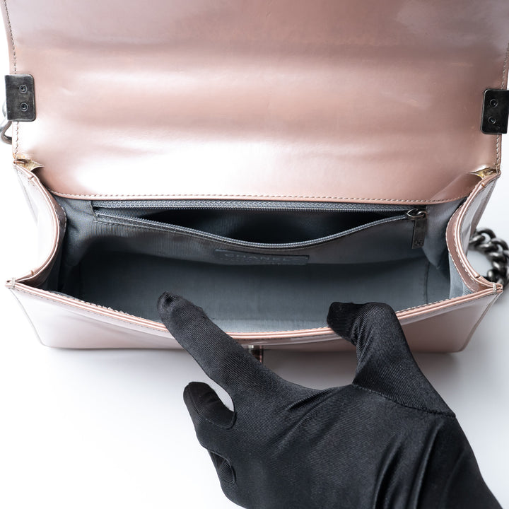 Pre-Loved Chanel™ Metallic Blush Pink Patent Leather Medium Boy Bag