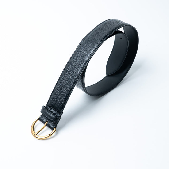 Gucci Black Grained Leather Belt With Gold-Tone Engraved Buckle Size 75