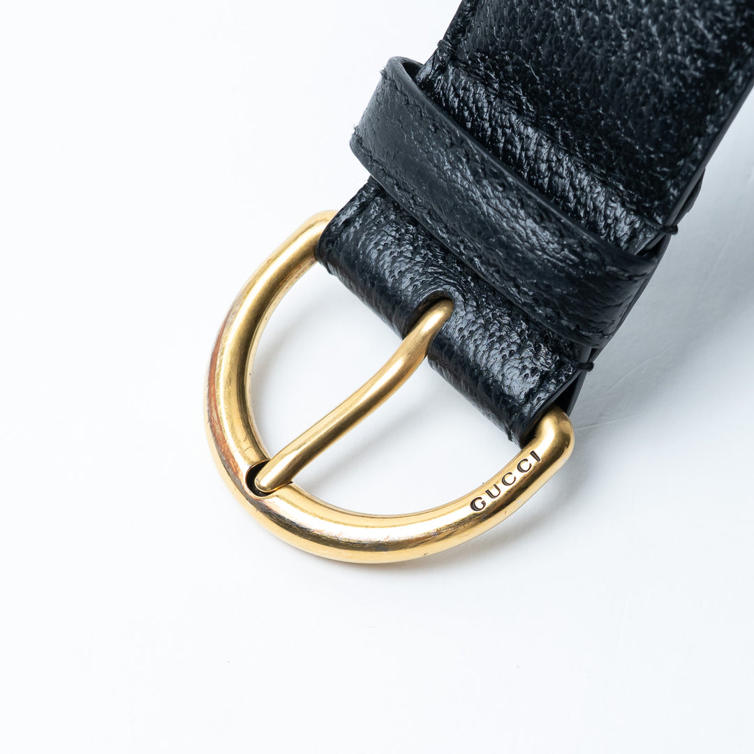 Gucci Black Grained Leather Belt With Gold-Tone Engraved Buckle Size 75