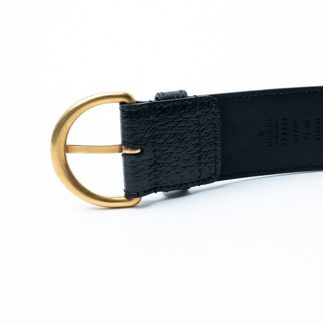 Gucci Black Grained Leather Belt With Gold-Tone Engraved Buckle Size 75