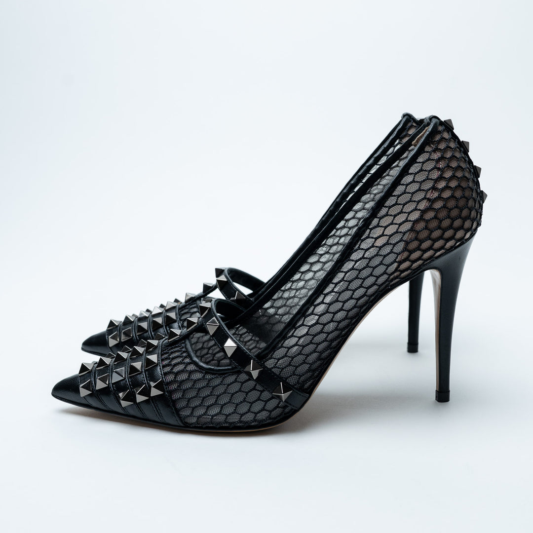 Valentino Black Mesh & Leather Rockstud Alcove Pumps Size 38