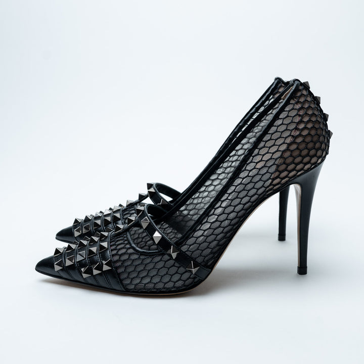 Valentino Black Mesh & Leather Rockstud Alcove Pumps Size 38
