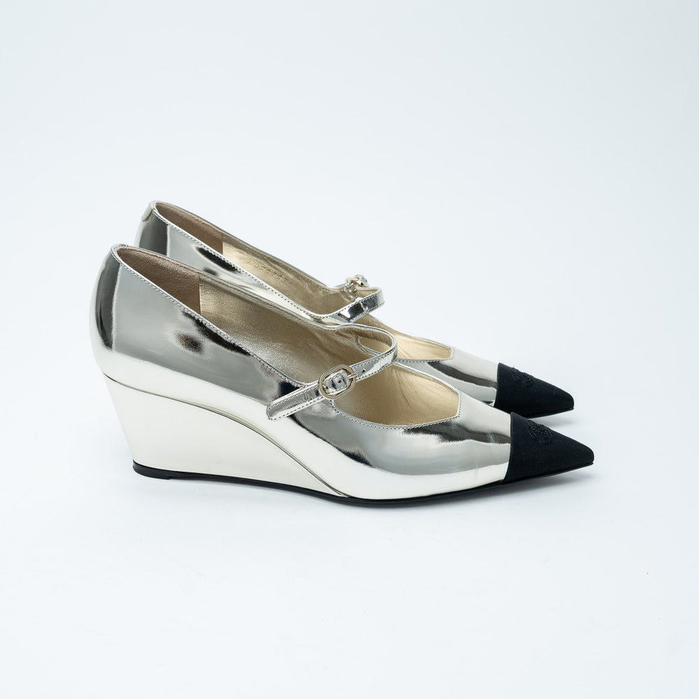 Silver Metallic Leather Cap Toe Wedge Mary Janes. (view 2)