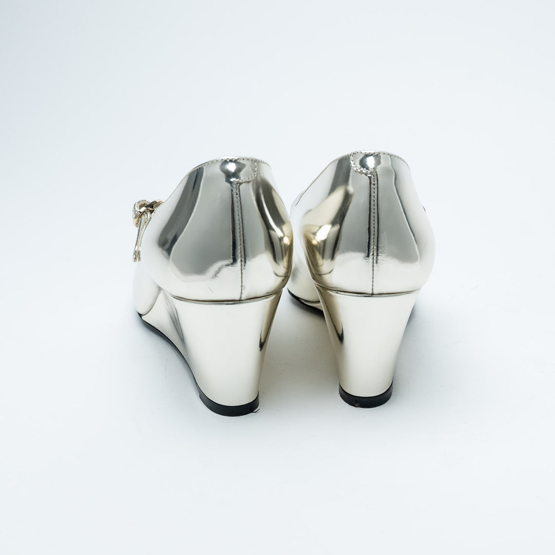 Silver Metallic Leather Cap Toe Wedge Mary Janes. (view 3)