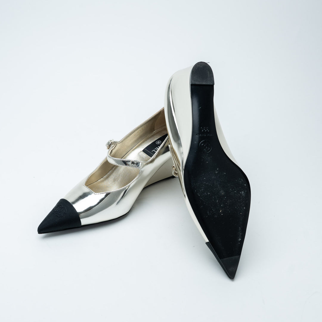 Silver Metallic Leather Cap Toe Wedge Mary Janes. (view 4)