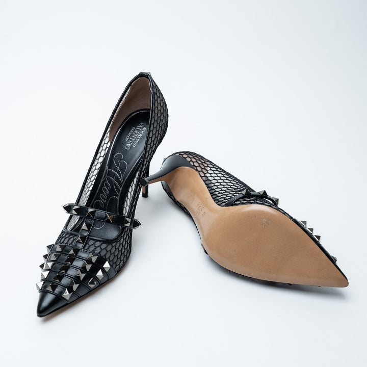 Valentino Black Mesh & Leather Rockstud Alcove Pumps Size 38