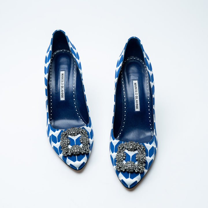 Blue and White Satin Hangisi Pumps. (view 2)