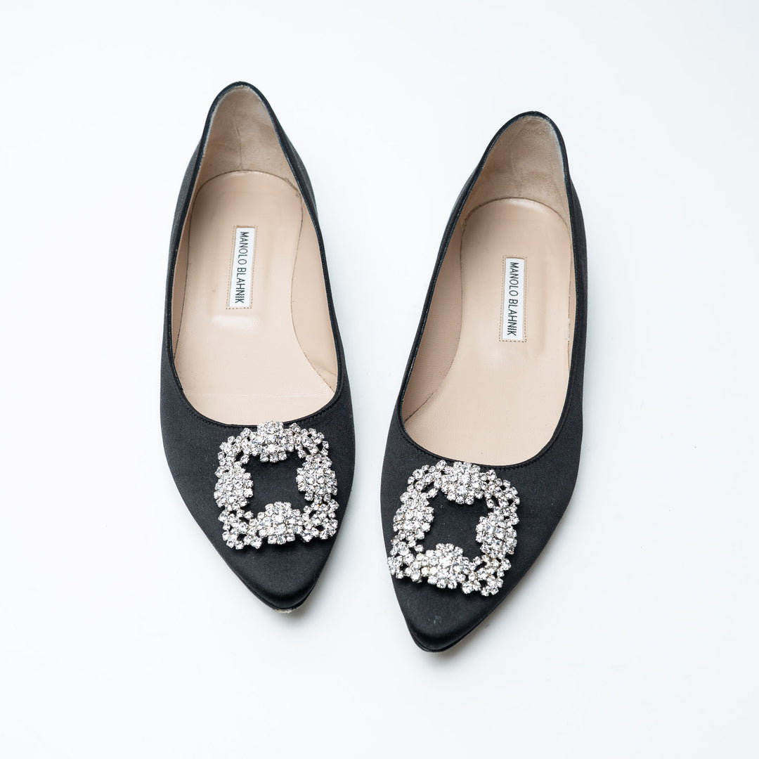 Manolo Blahnik Black Satin Hangisi Ballet Flats Size 39.5