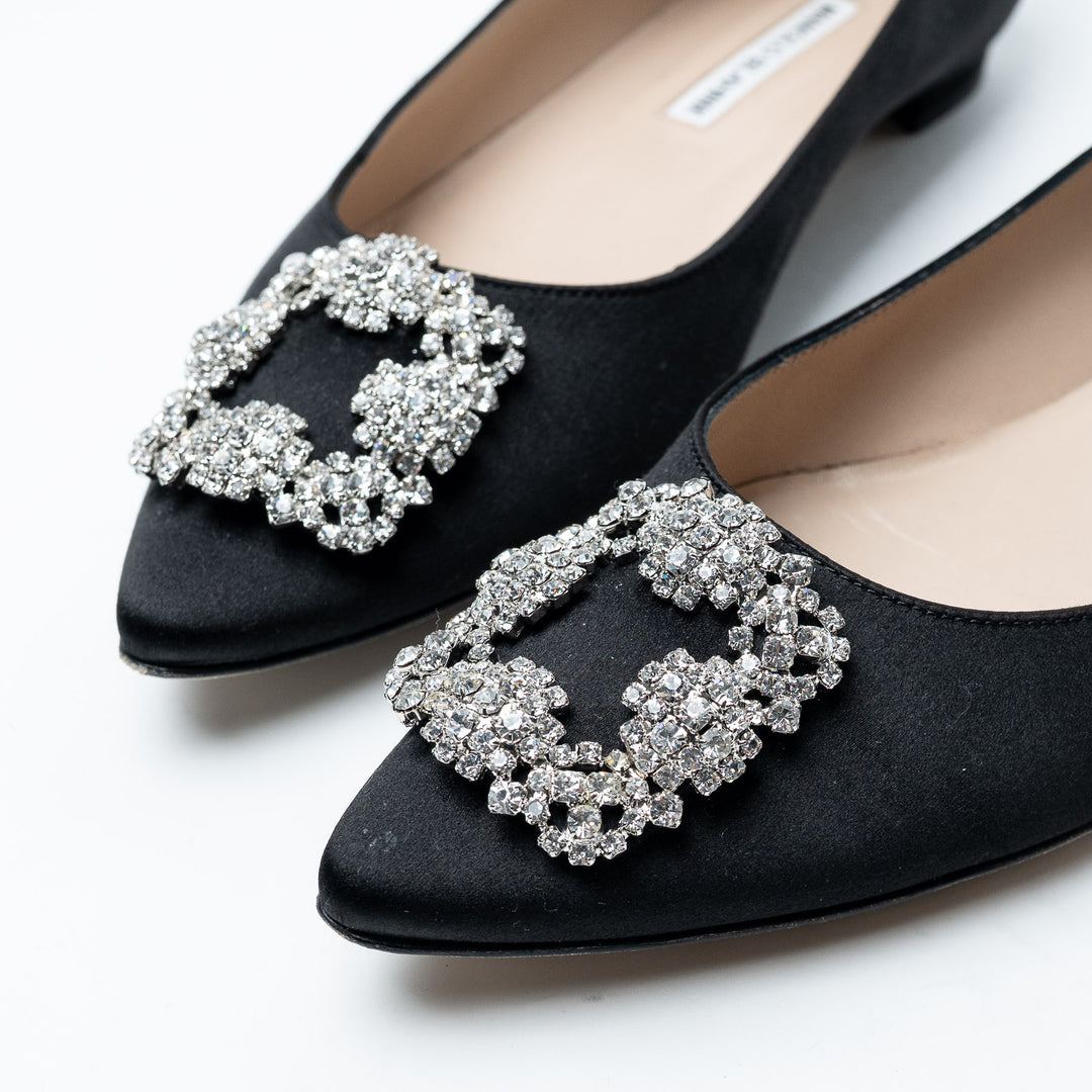 Manolo Blahnik Black Satin Hangisi Ballet Flats Size 39.5