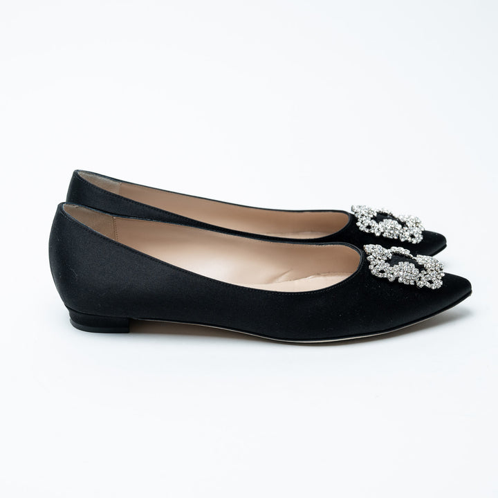 Manolo Blahnik Black Satin Hangisi Ballet Flats Size 39.5