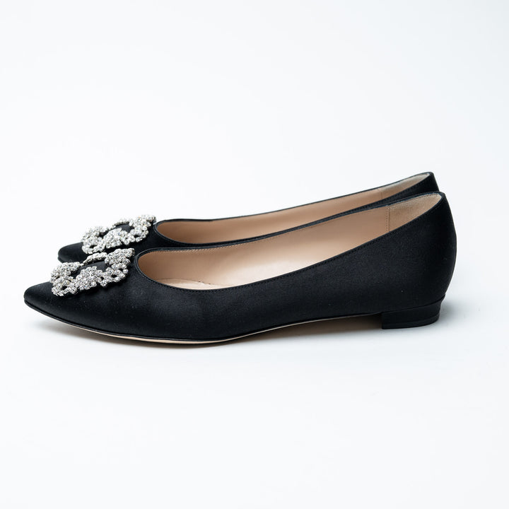 Manolo Blahnik Black Satin Hangisi Ballet Flats Size 39.5