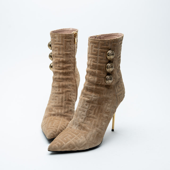 Balmain Tan Monogram Suede Roni Ankle Boots Size 39