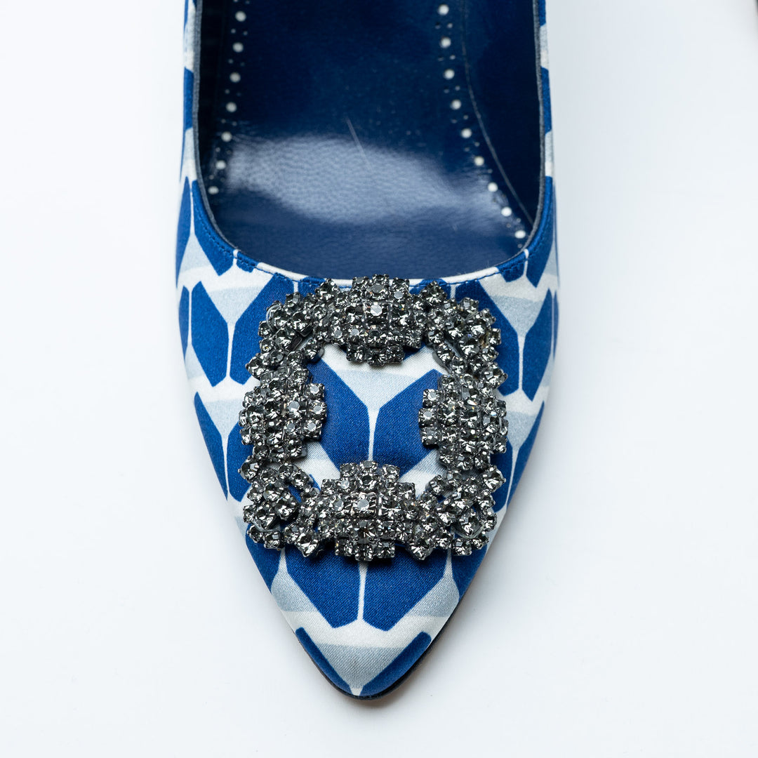 Blue and White Satin Hangisi Pumps. (view 3)