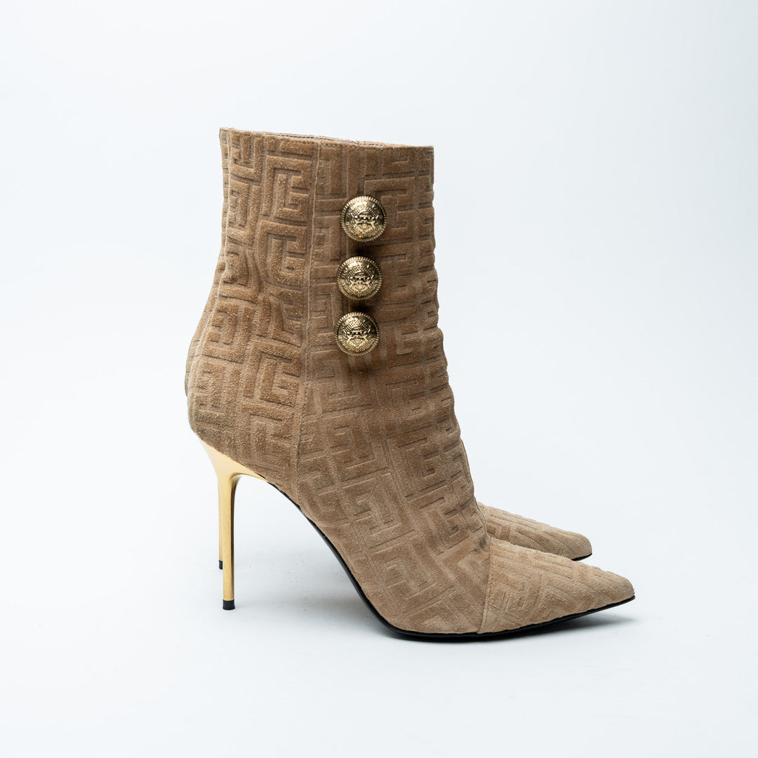 Balmain Tan Monogram Suede Roni Ankle Boots Size 39