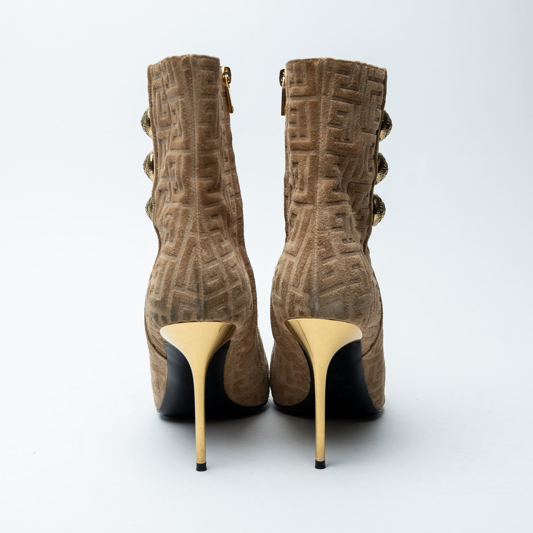 Balmain Tan Monogram Suede Roni Ankle Boots Size 39
