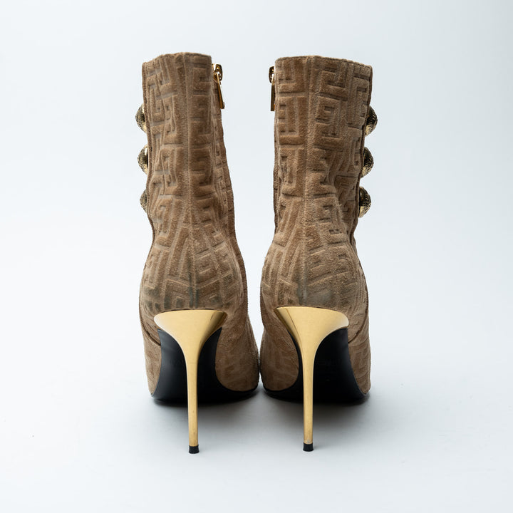 Balmain Tan Monogram Suede Roni Ankle Boots Size 39