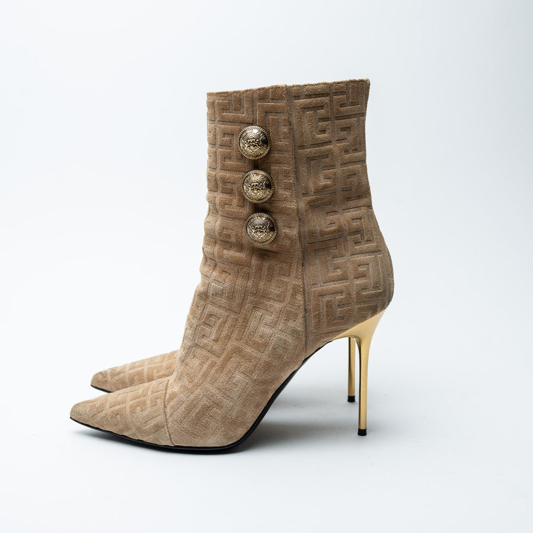 Balmain Tan Monogram Suede Roni Ankle Boots Size 39