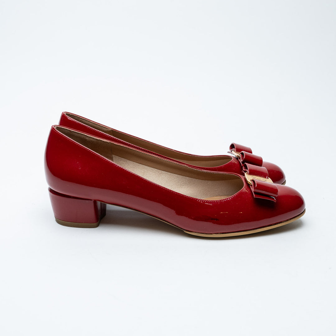 Red Patent Leather Vara Bow Flats. (front)