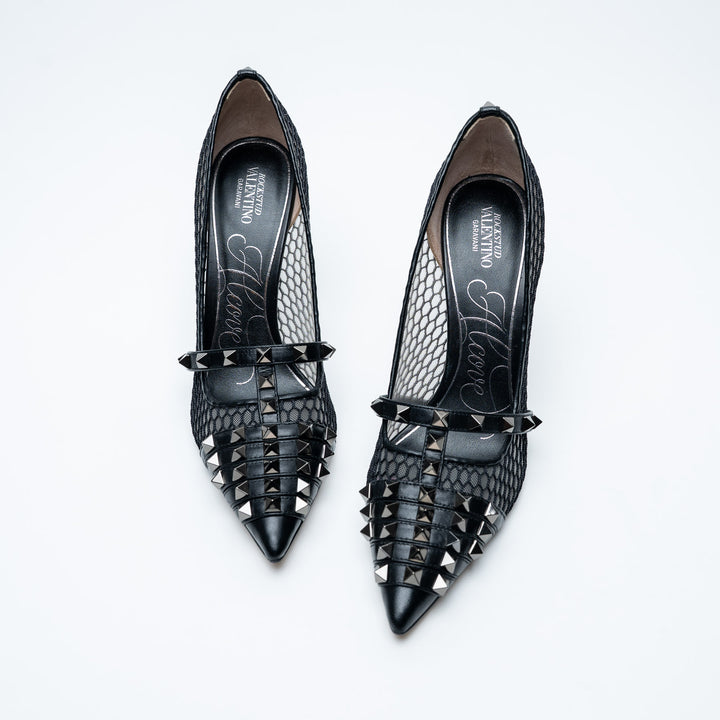 Valentino Black Mesh & Leather Rockstud Alcove Pumps Size 38