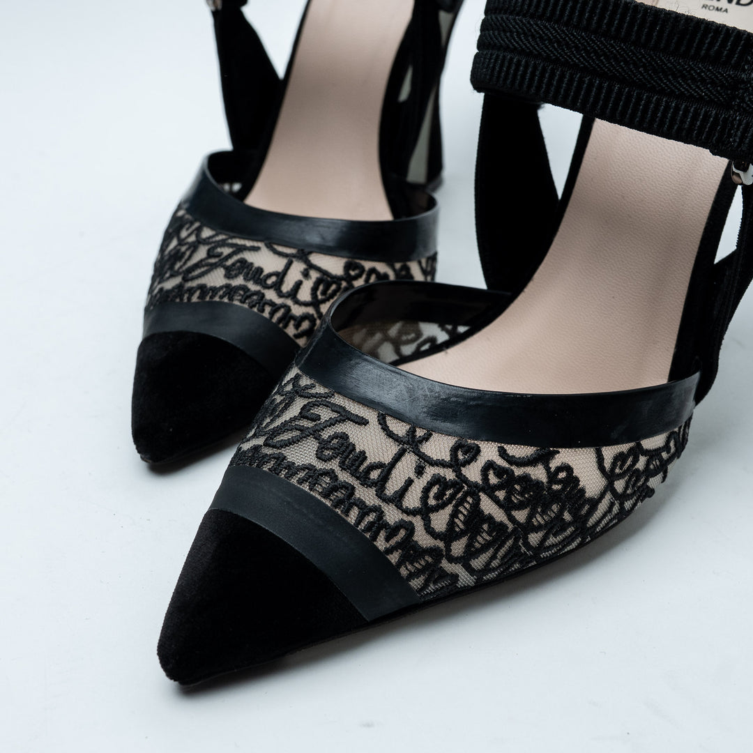 Black Lace and Velvet Colibri Slingback Pumps. (view 3)
