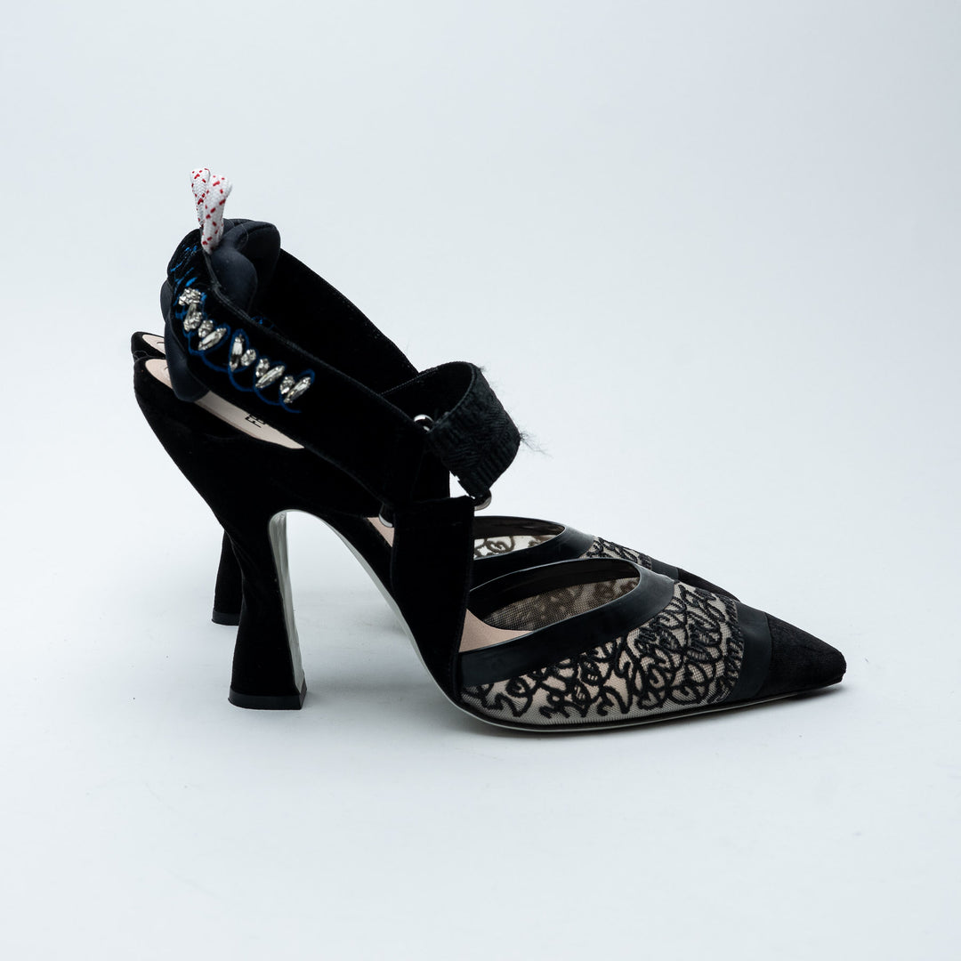 Black Lace and Velvet Colibri Slingback Pumps. (front)