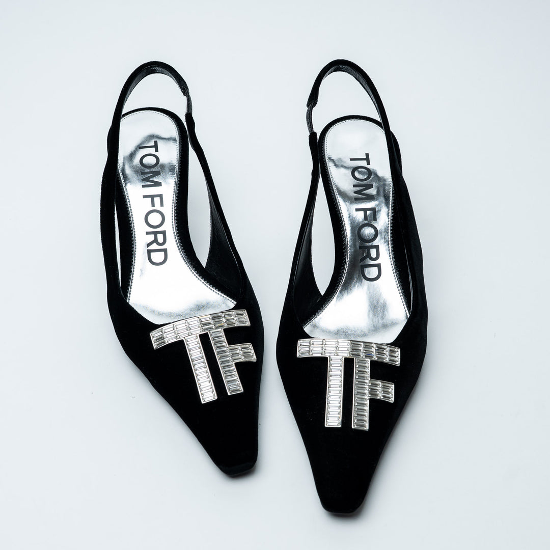 Black Velvet Crystal TF Slingback Pumps. (view 2)