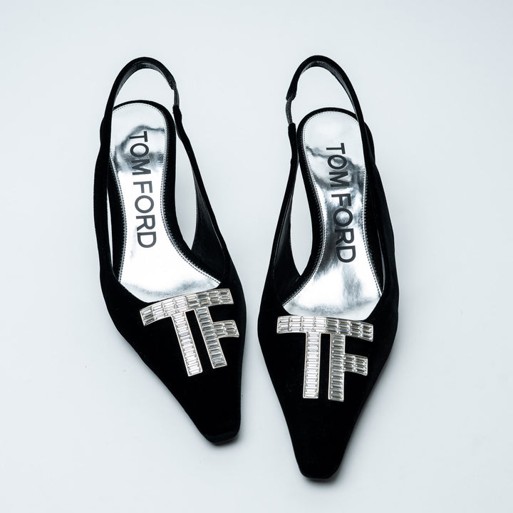 Black Velvet Crystal TF Slingback Pumps. (view 2)