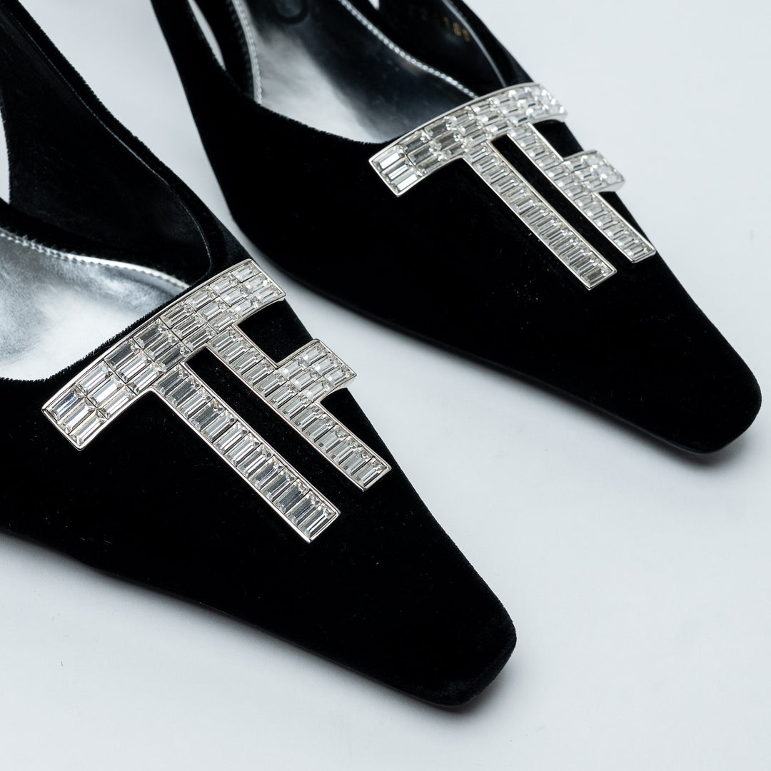 Black Velvet Crystal TF Slingback Pumps. (view 3)