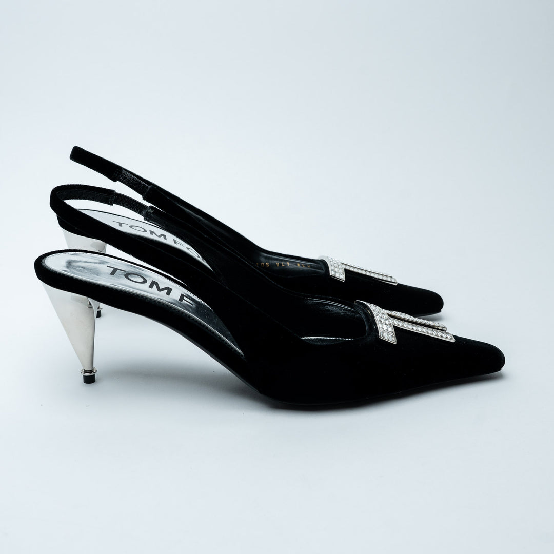 Black Velvet Crystal TF Slingback Pumps. (front)