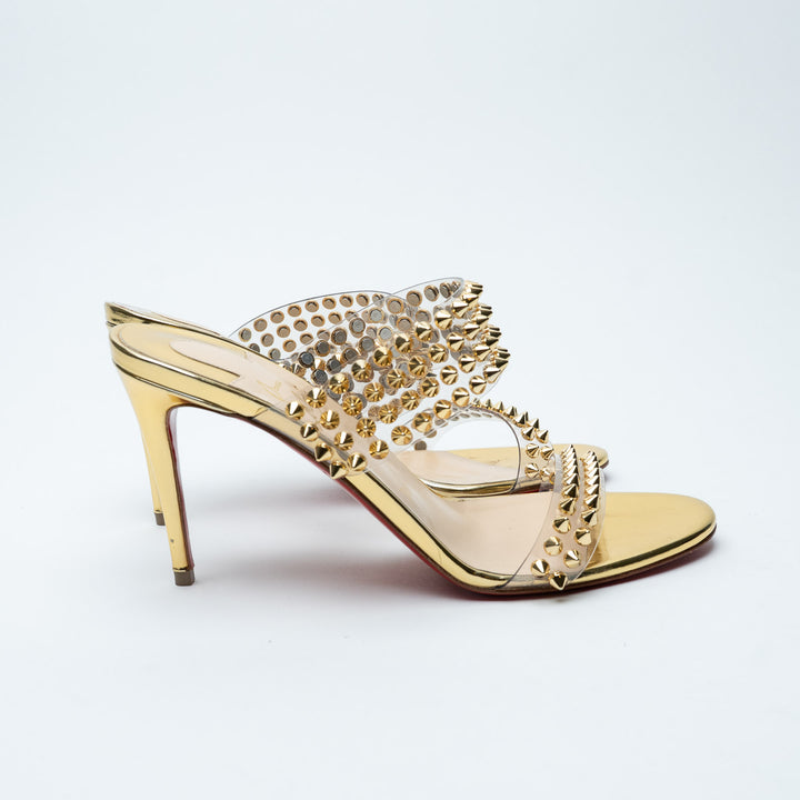 Christian Louboutin Gold Patent Leather & PVC Spikes Only 85 Sandals Size 37.5
