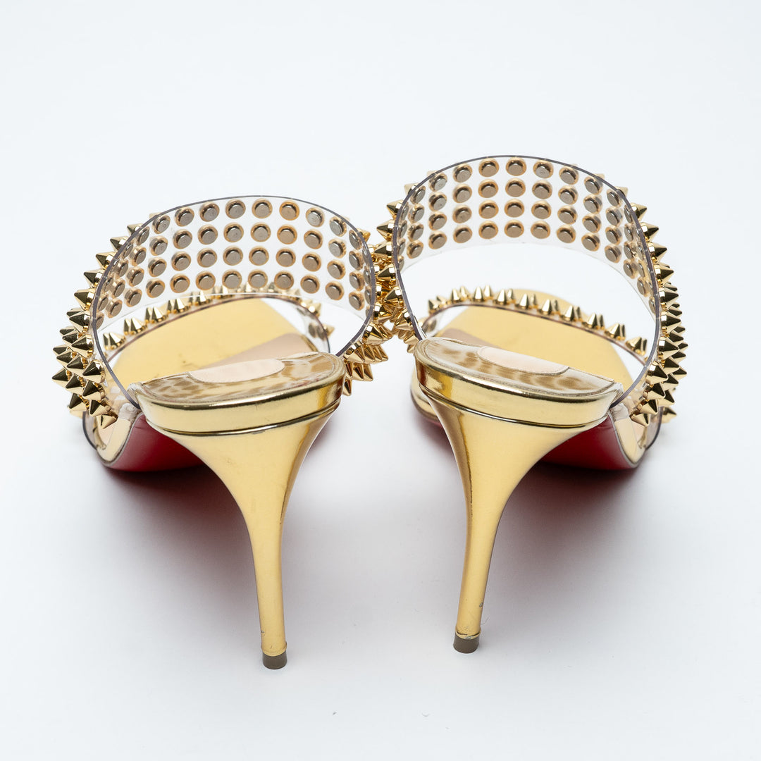 Christian Louboutin Gold Patent Leather & PVC Spikes Only 85 Sandals Size 37.5