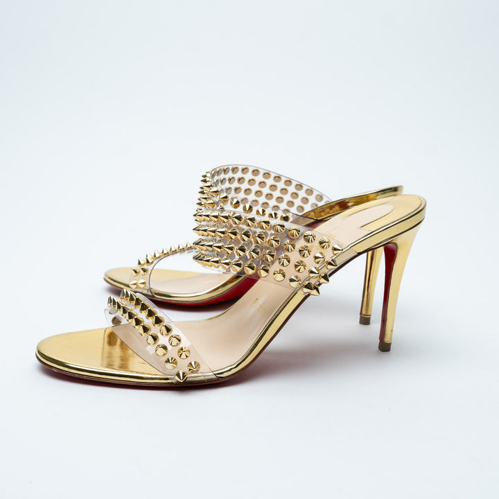 Christian Louboutin Gold Patent Leather & PVC Spikes Only 85 Sandals Size 37.5