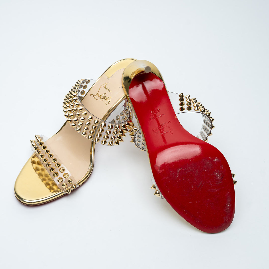 Christian Louboutin Gold Patent Leather & PVC Spikes Only 85 Sandals Size 37.5