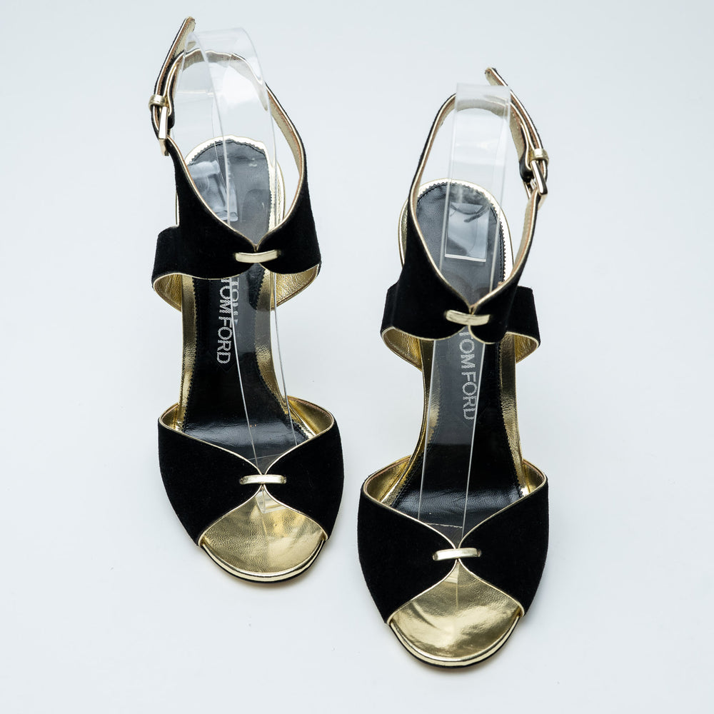 Black Suede and Gold Ankle Strap Sandals. (view 2)