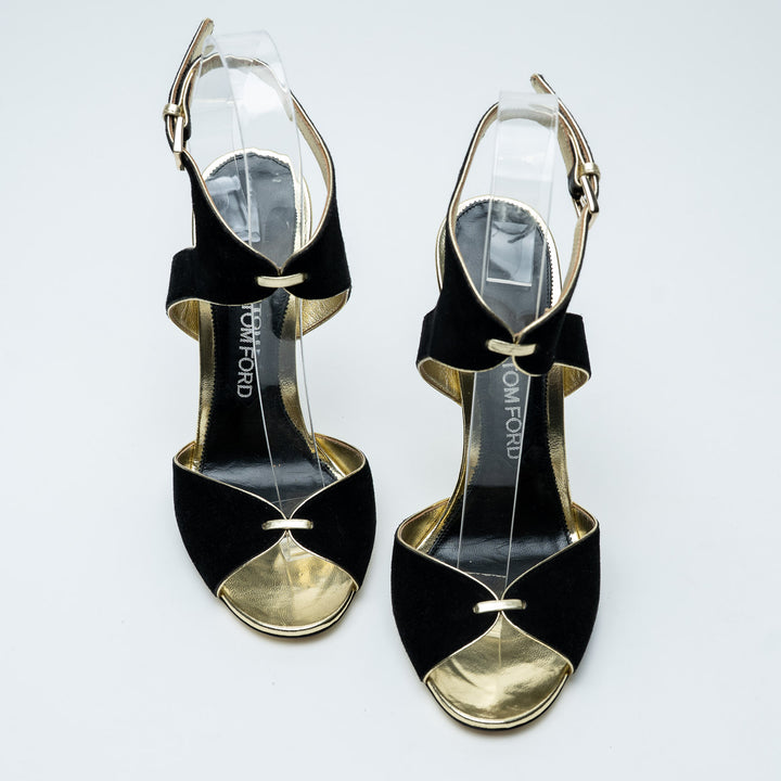 Black Suede and Gold Ankle Strap Sandals. (view 2)