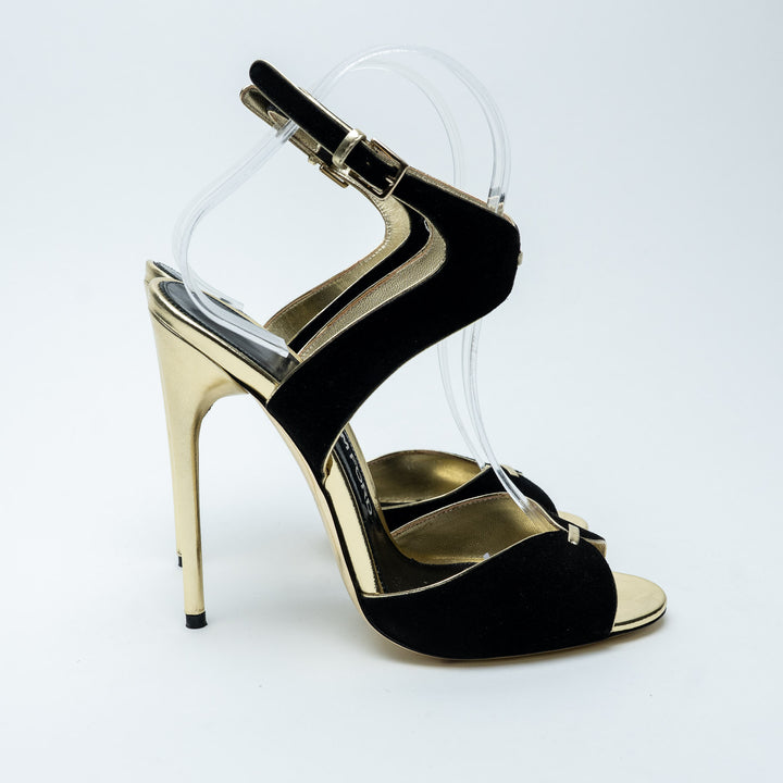 Black Suede and Gold Ankle Strap Sandals. (front)