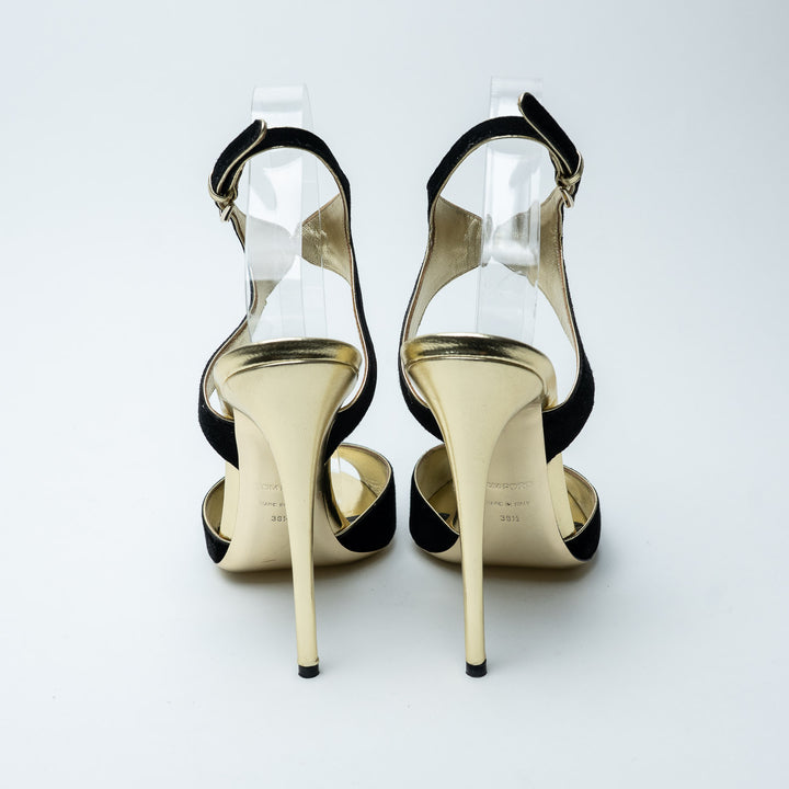 Black Suede and Gold Ankle Strap Sandals. (view 3)