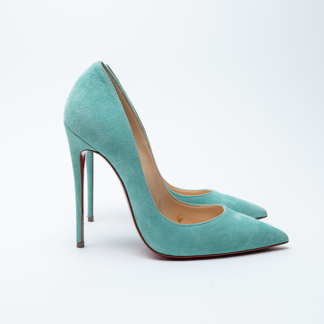 Mint Blue Suede Pumps. (front)