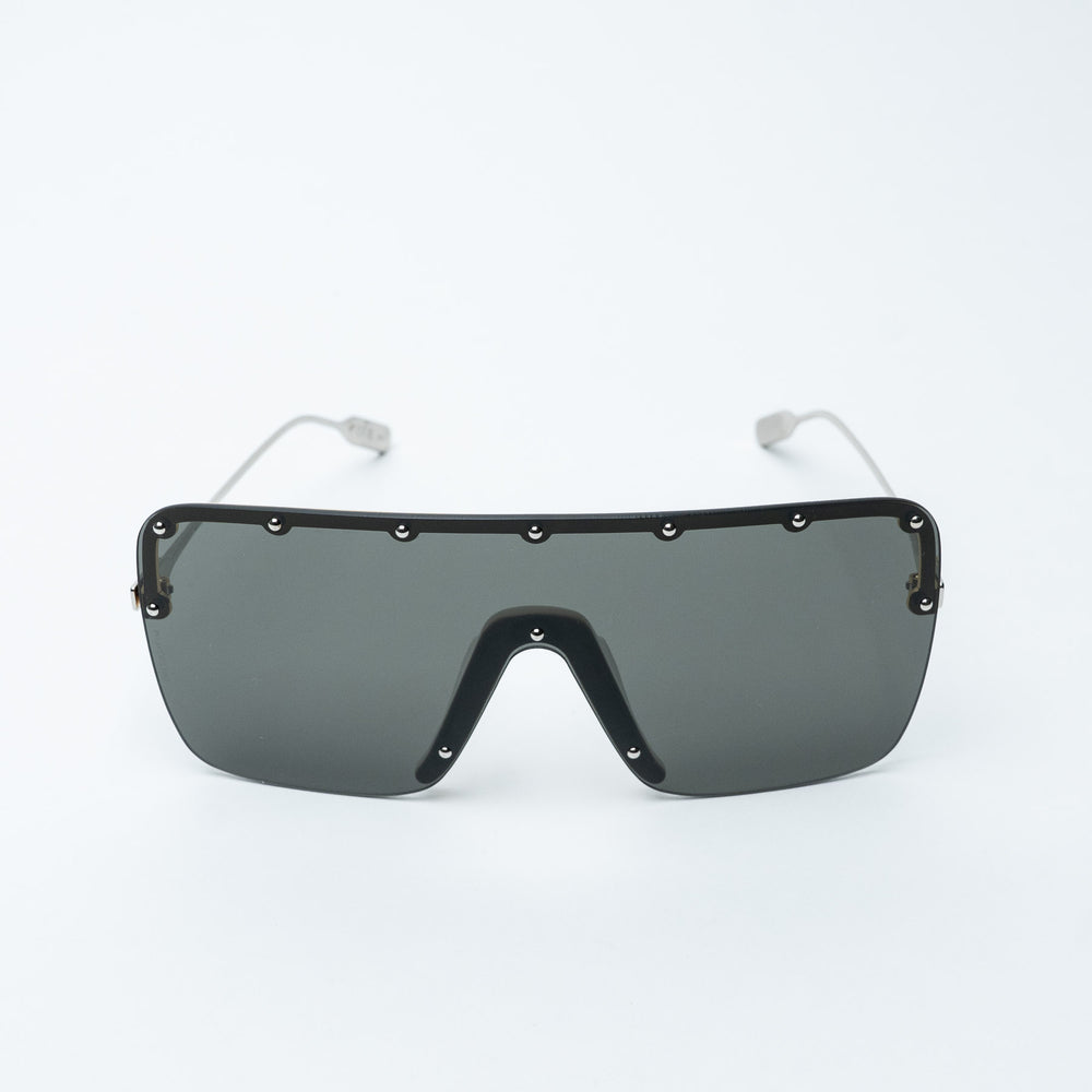Gold and Gray Metal Rimless Shield Sunglasses. (view 2)