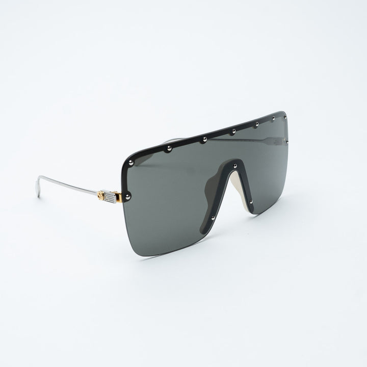 Gold and Gray Metal Rimless Shield Sunglasses. (front)