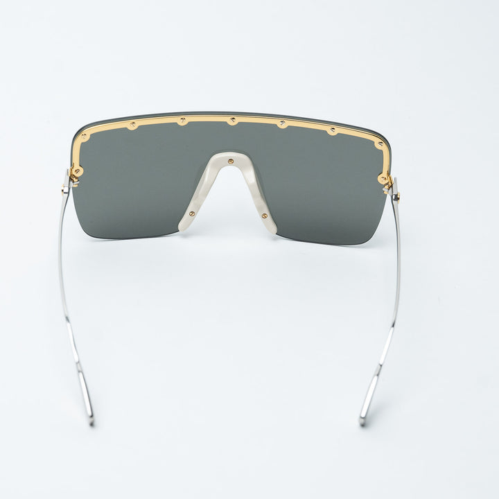 Gold and Gray Metal Rimless Shield Sunglasses. (view 4)