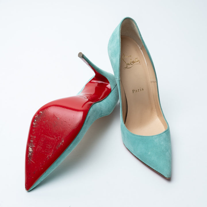 Mint Blue Suede Pumps. (view 4)