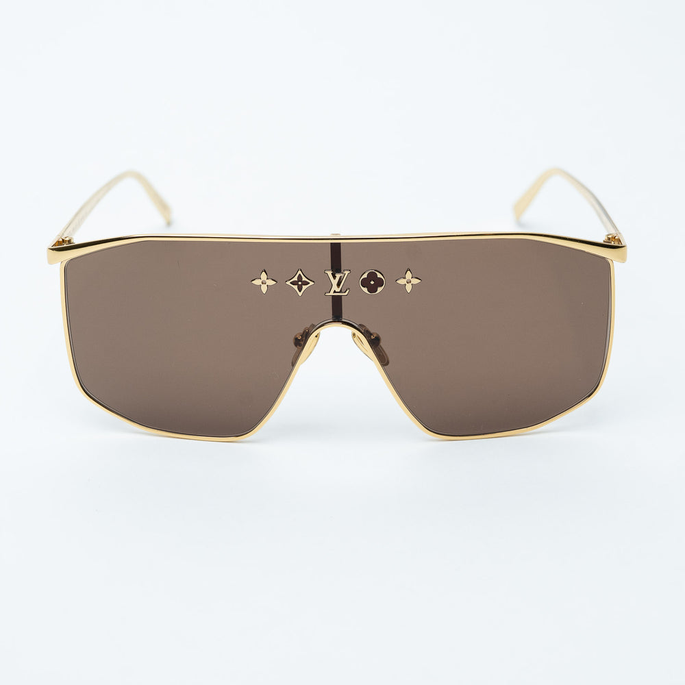 Gold and Brown Metal Monogram Shield Sunglasses. (view 2)