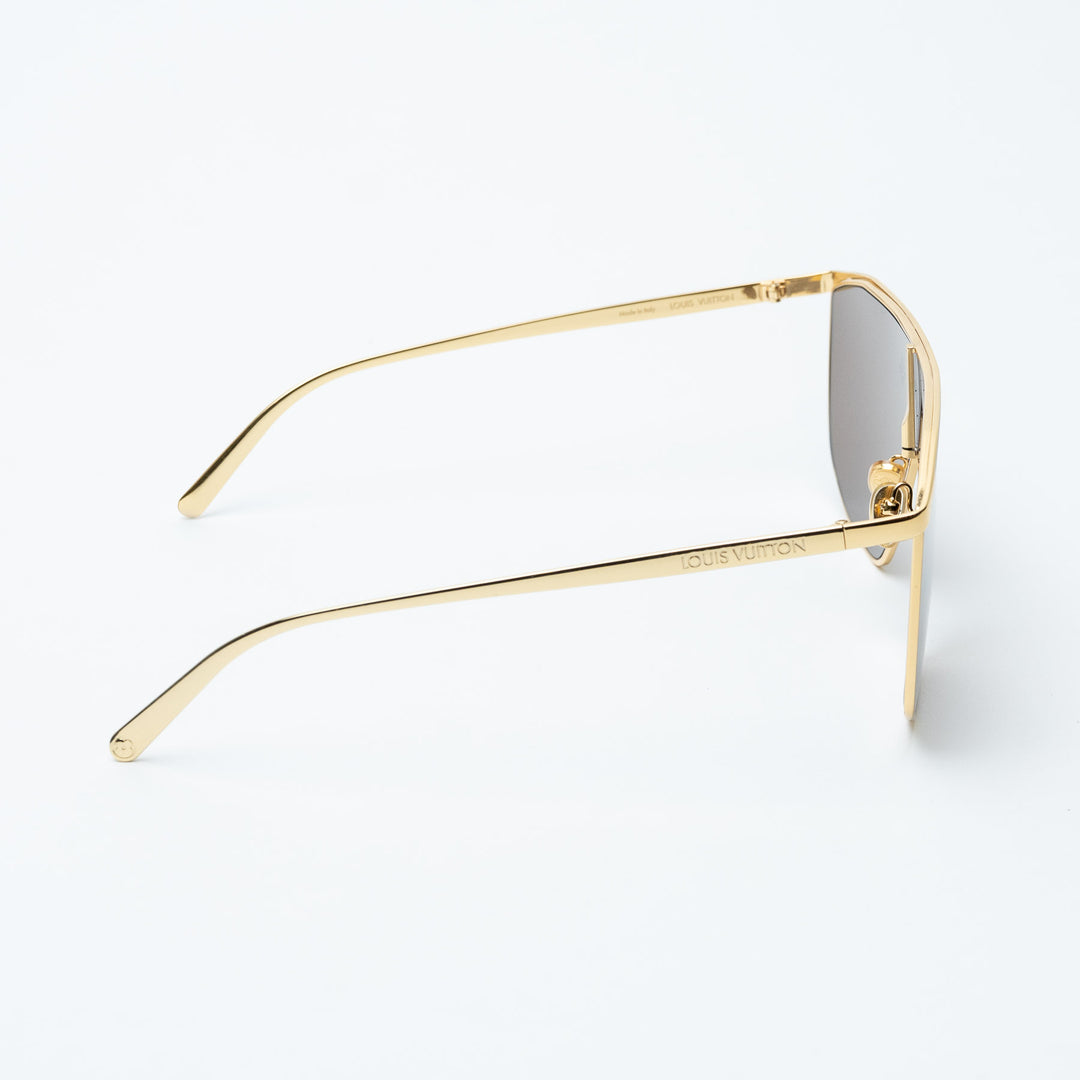 Gold and Brown Metal Monogram Shield Sunglasses. (view 3)