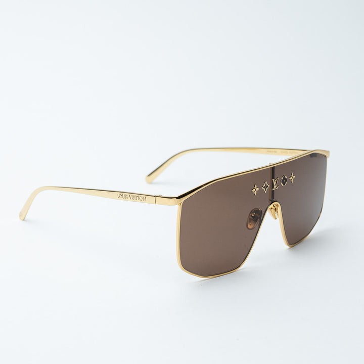 Gold and Brown Metal Monogram Shield Sunglasses. (front)