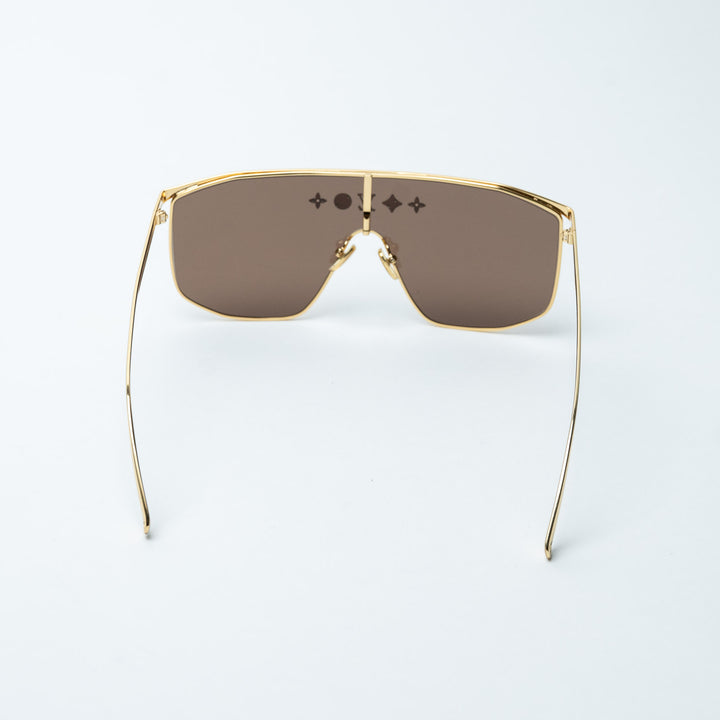 Gold and Brown Metal Monogram Shield Sunglasses. (view 4)