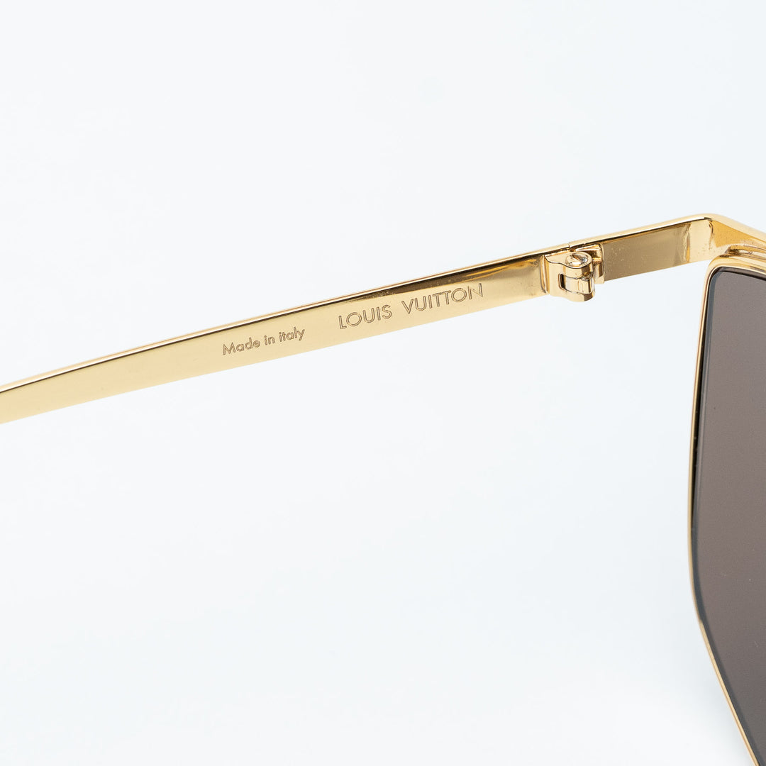 Gold and Brown Metal Monogram Shield Sunglasses. (view 5)