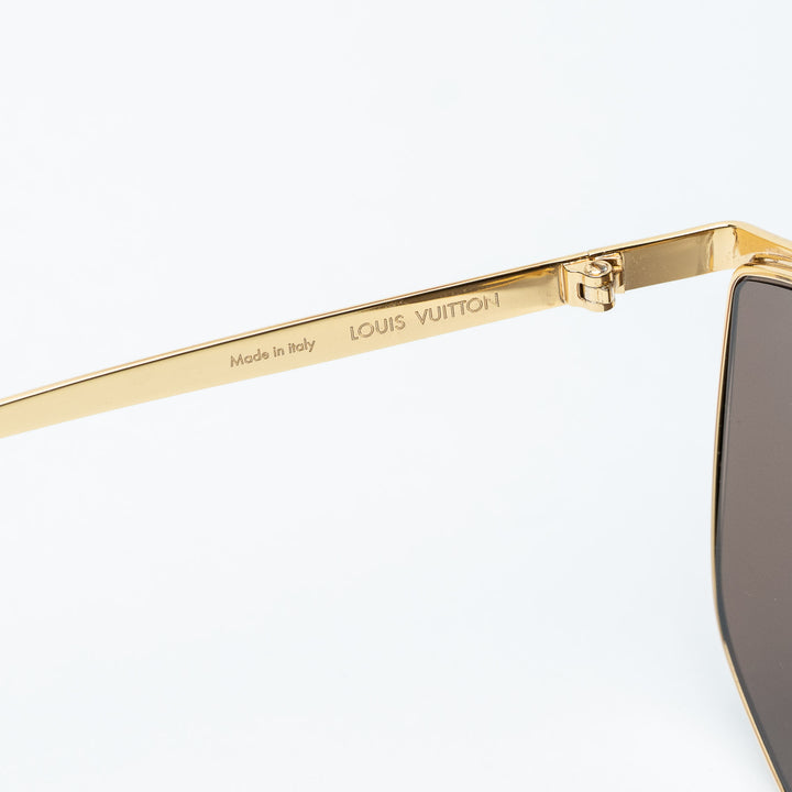 Gold and Brown Metal Monogram Shield Sunglasses. (view 5)
