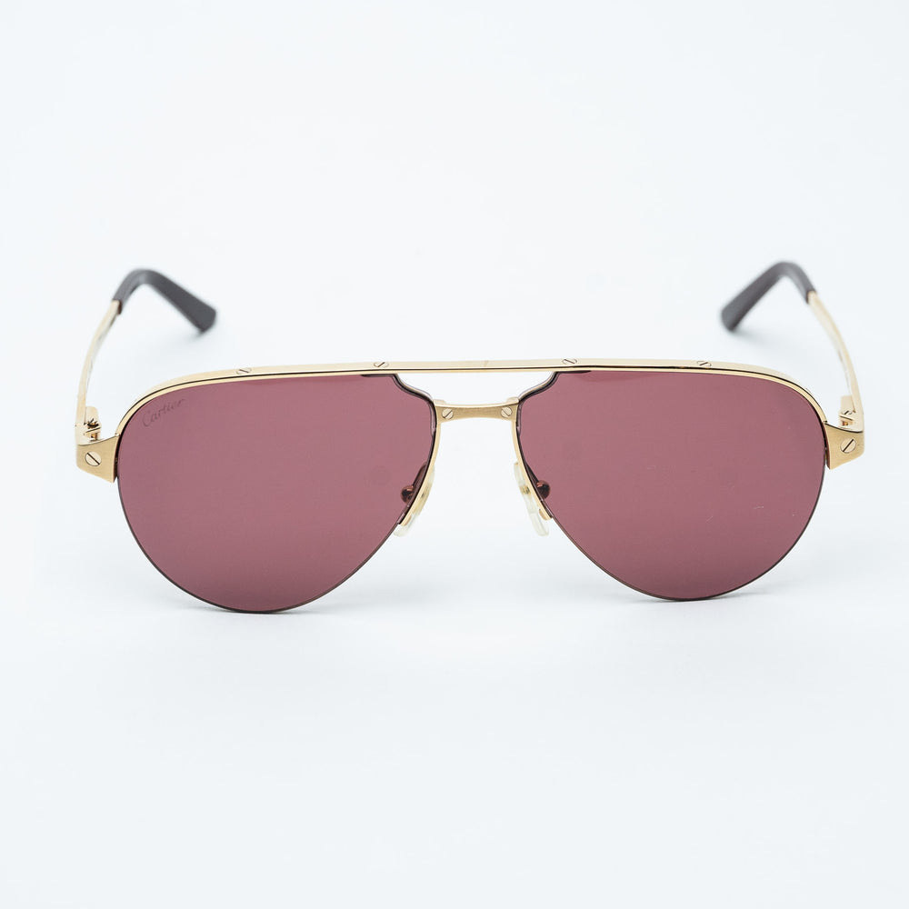 Gold Metal Santos de Cartier Aviator Sunglasses with Burgundy Lenses. (view 2)